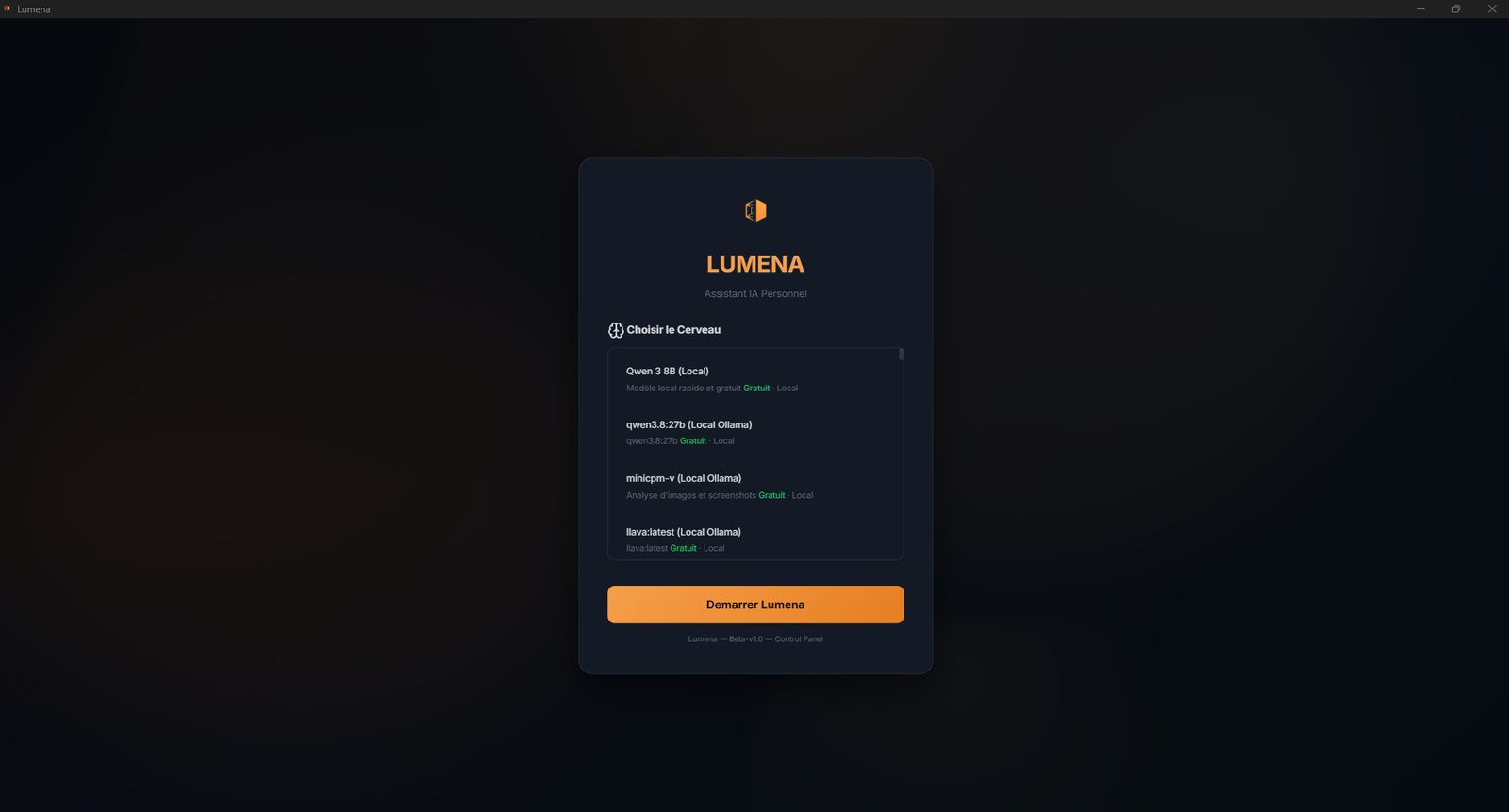 L'écran de démarrage de Lumena : le choix du modèle avant de lancer l'application.