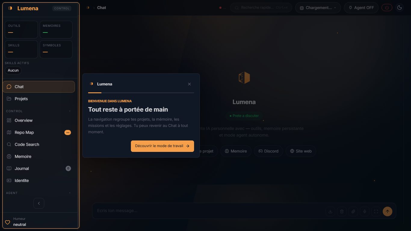 Le tutoriel d'accueil de Lumena : une fiche explique la navigation, avec un bouton pour découvrir le mode de travail.